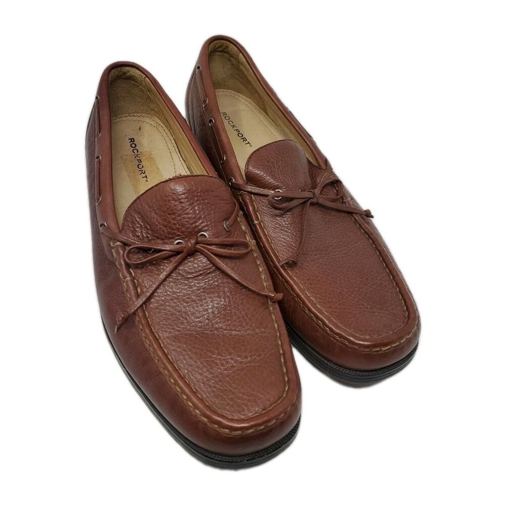 ROCKPORT Men Sz 10 Brown Leather Slip On Lace Bow Loafers Shoes Comfort
